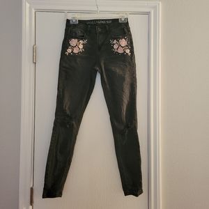 Vanilla Star black denim embroidered skinny jeans with holes at knees and ankles